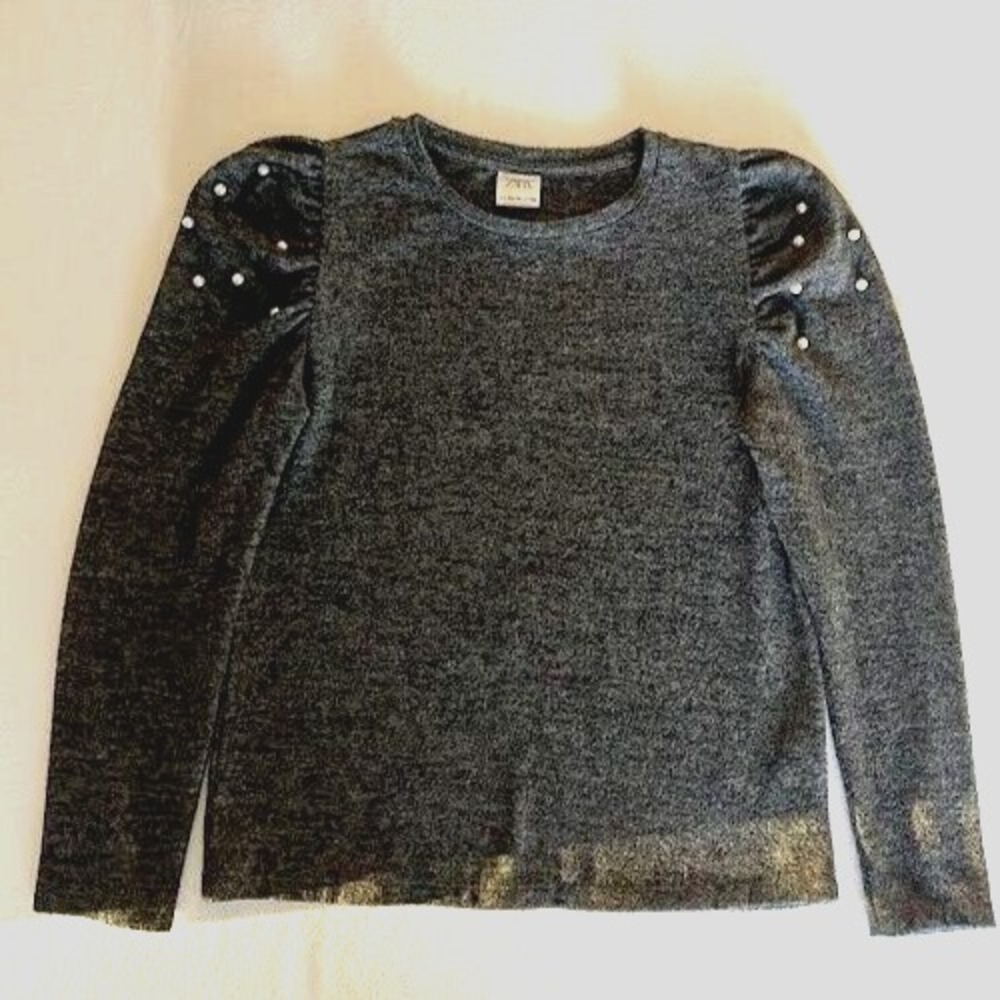 Zara Sweater Girls  13-14 Gray ‎ Knit Pullover Round  Neck Long Sleeve Beaded